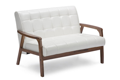 Mid-Century Sofa, Loveseat & Accent Chair in White Faux Leather