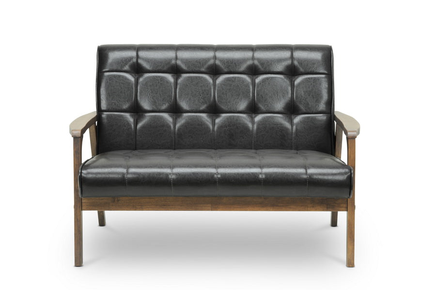 Mid-Century Loveseat in Brown Faux Leather