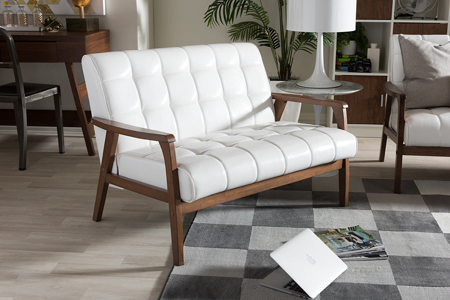 Mid-Century Loveseat in White Faux Leather
