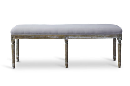 French Wood Trimmed Bench in Beige Linen Fabric