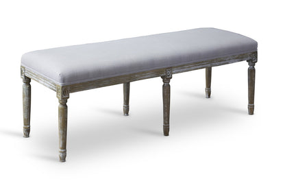 French Wood Trimmed Bench in Beige Linen Fabric