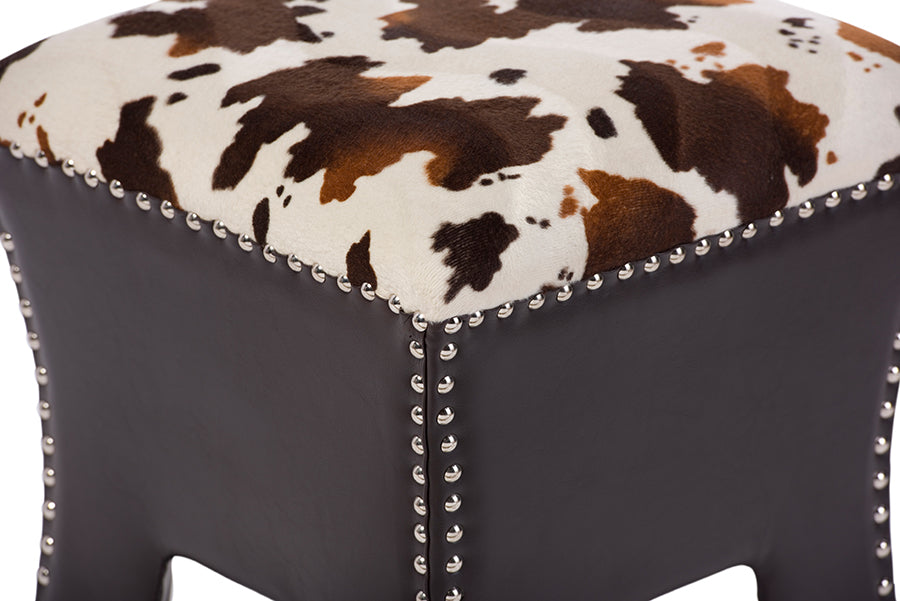 Contemporary Accent Stool Bench in Brown/Cow Print PU Leather - The Furniture Space.