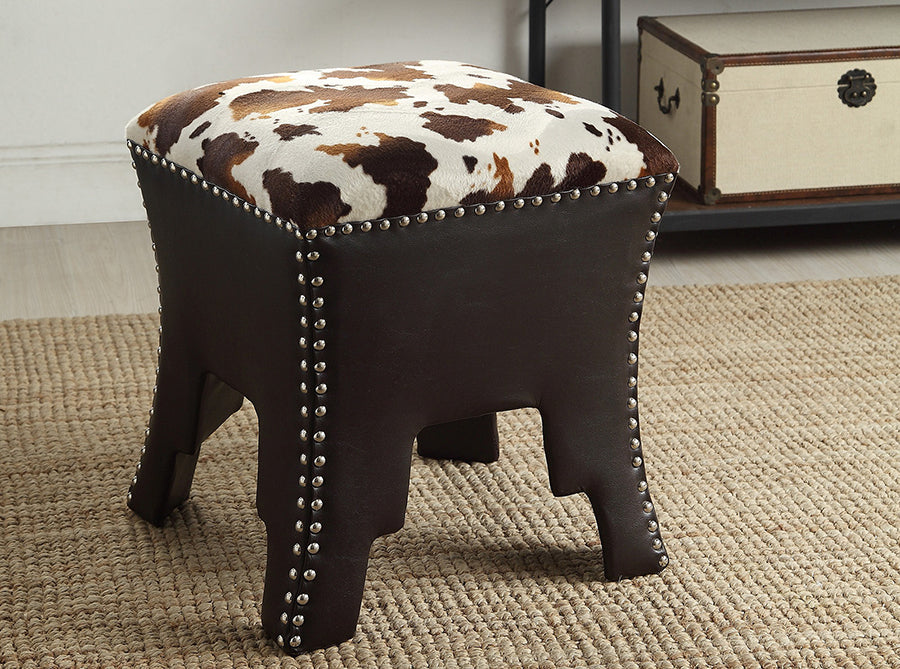 Contemporary Accent Stool Bench in Brown/Cow Print PU Leather - The Furniture Space.