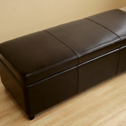 Contemporary Storage Bench Ottoman in Dark Brown Leather