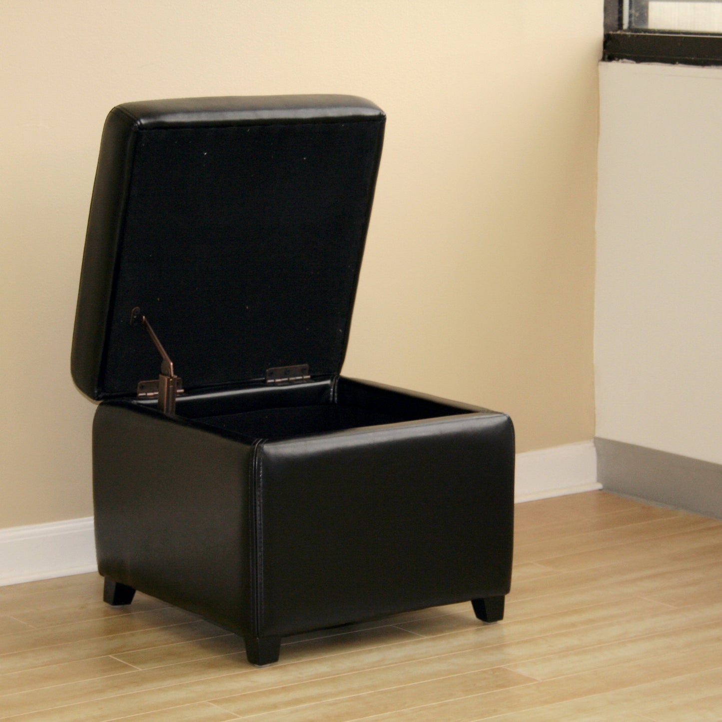 Contemporary Square Cocktail Ottoman Cube in Black Leather
