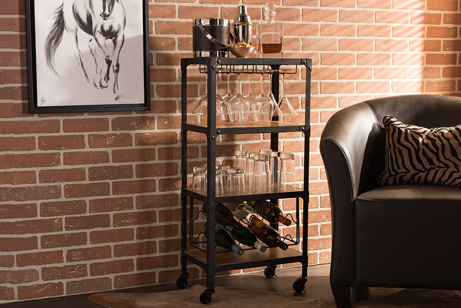 Rustic Industrial Metal Mobile Kitchen Bar Wine Storage Shelf in Black/Brown - The Furniture Space.