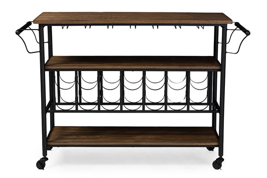 Rustic Industrial Metal Mobile Kitchen Bar Serving Wine Cart in Black/Brown - The Furniture Space.