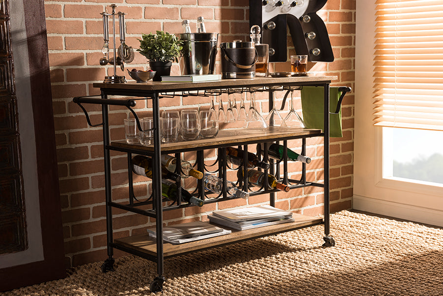 Rustic Industrial Metal Mobile Kitchen Bar Serving Wine Cart in Black/Brown - The Furniture Space.
